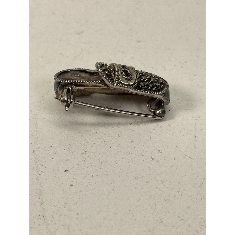 Sterling Silver Shoe Brooch Black Enamel Marcasite Gray Stone Vintage Pin